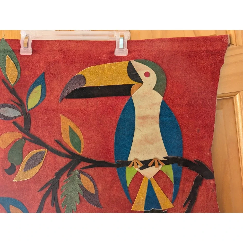 Vintage Handmade Leather Tucan Bird Scene Wall Tapestry By Jose Marcos‎ Brazil